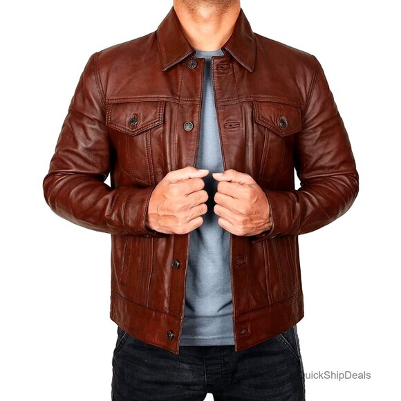 Men's Lambskin Leather Trucker Jacket Vintage Shirt Style Snap Cuffs
